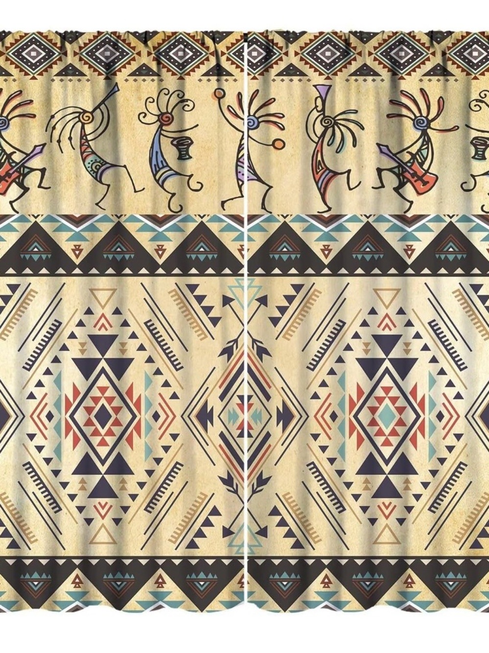 Southwestern Geometric & Kokopelli Curtain Panel - Beige, Teal, Rust, Navy